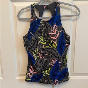 Athleta Blue and Pink Leaf Print Swim Top